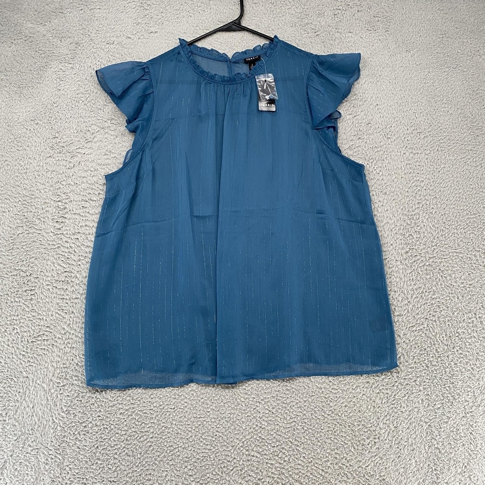 Torrid Mock Neck Blouse Top Womens 2X Blue Flutter Sleeve Sheer Metallic Chiffon